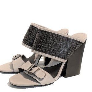 Nicole Lanette Leather Slip-On Stacked Block Heel Dress Sandal Size 7M